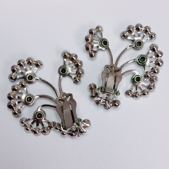 VTG Mid Century Peacock Blue AB Rhinestone Silver Tone Clip On Atomic Earrings - Picture 7 of 10